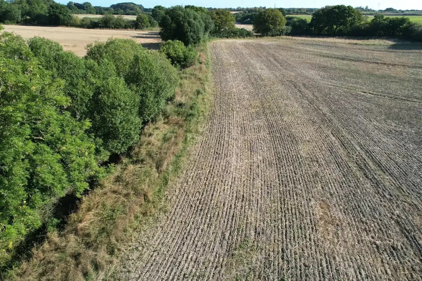 Vandløb med hegn og bevoksning mellem marker, fotograferet fra drone
