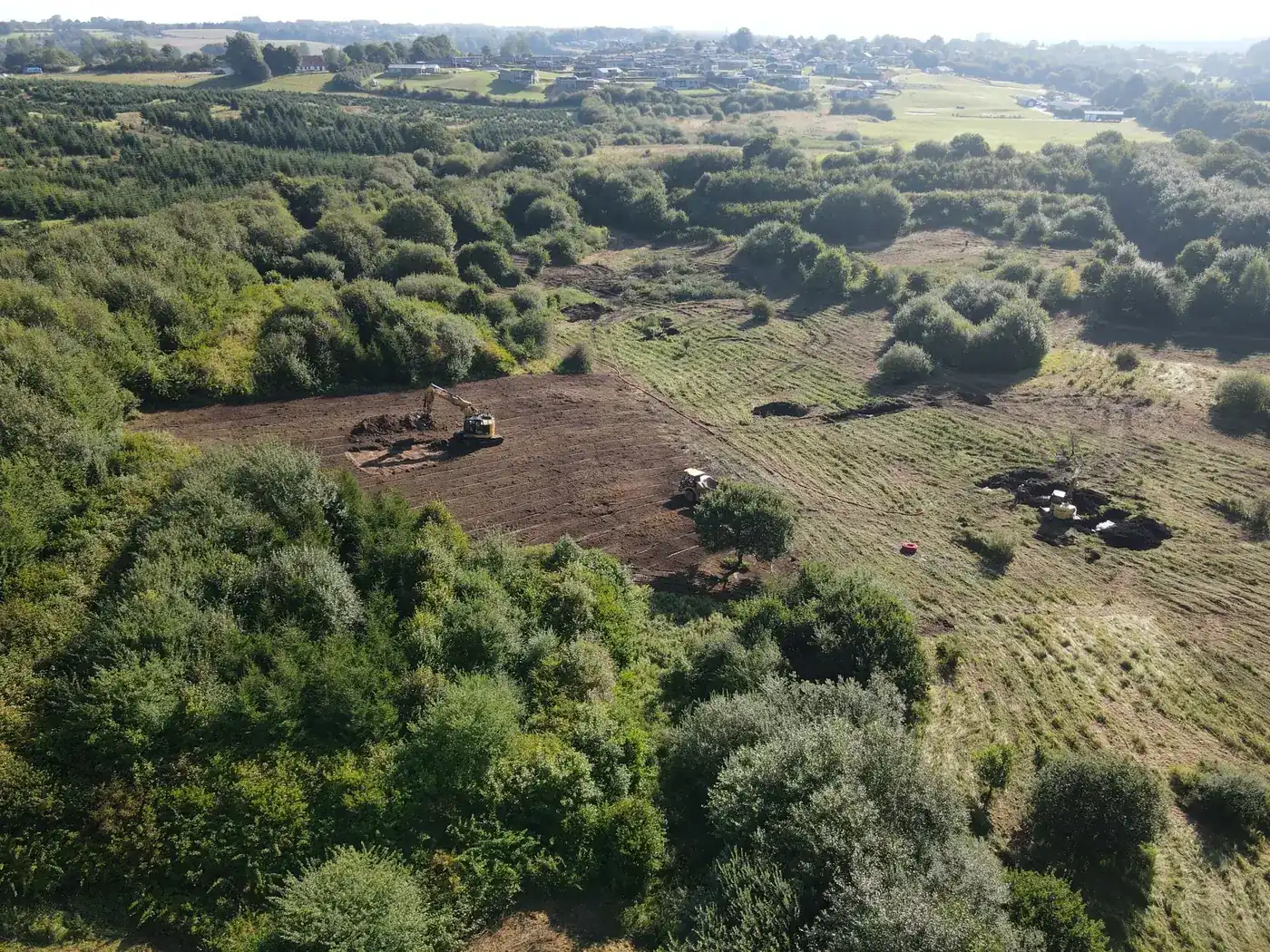 Vandløb mellem eng og bevoksning, set fra drone