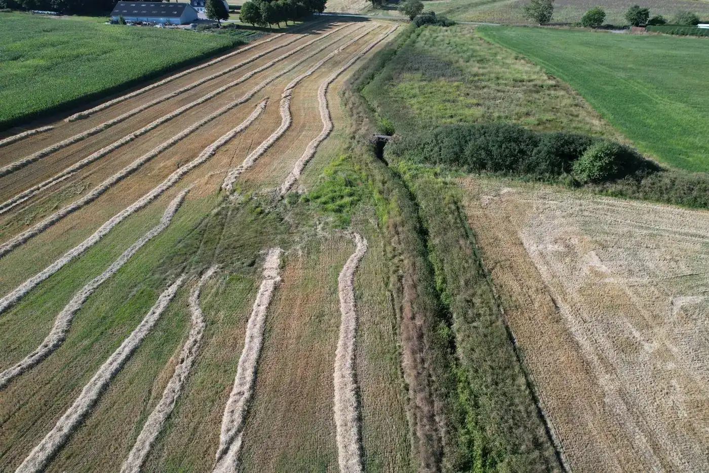 Landbrugslandskab med vandløb og markarealer set fra drone