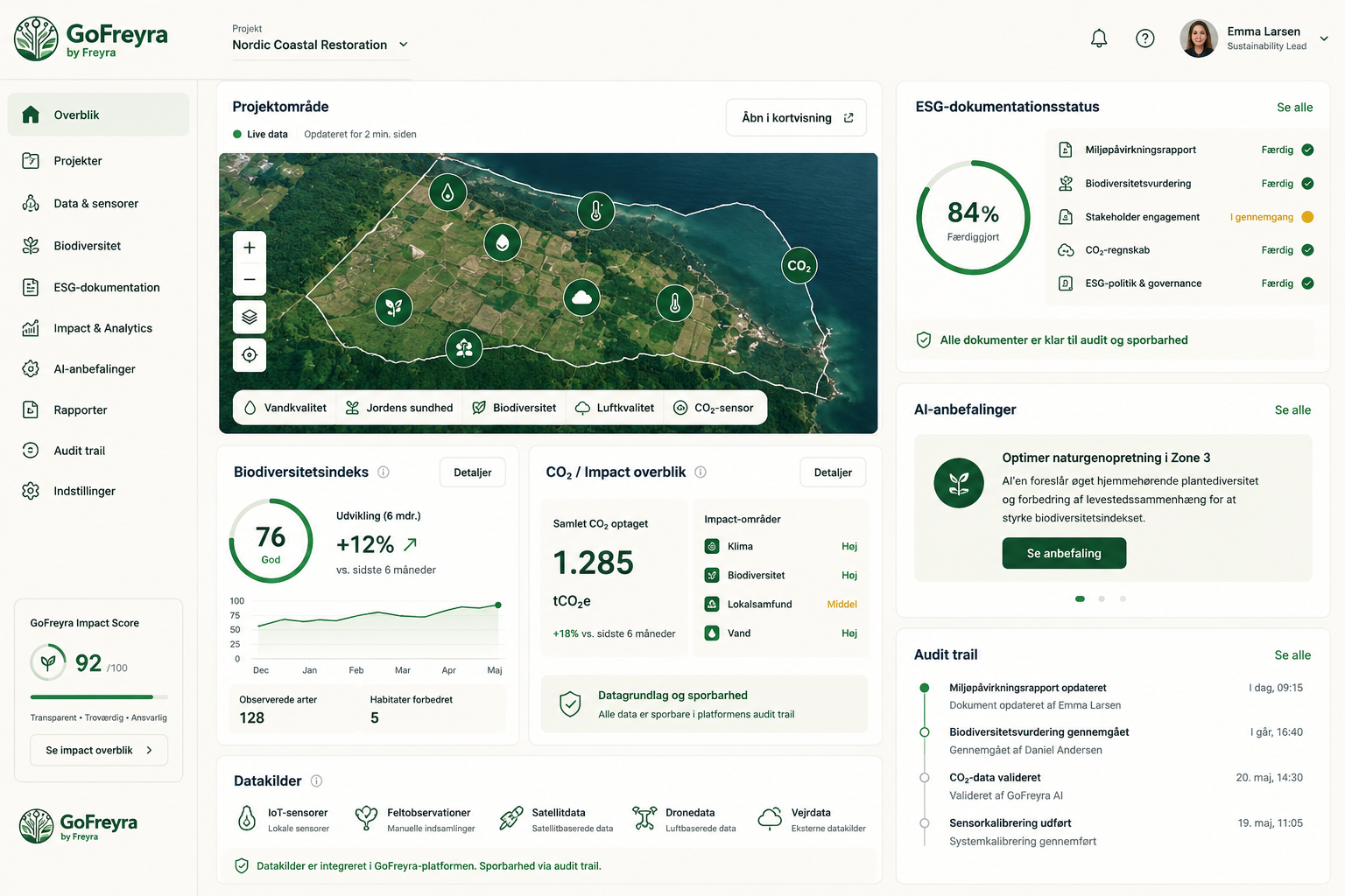 GoFreyra Dashboard — live overblik over projektområde, biodiversitetsindeks, CO2-impact, ESG-dokumentationsstatus, AI-anbefalinger og audit trail